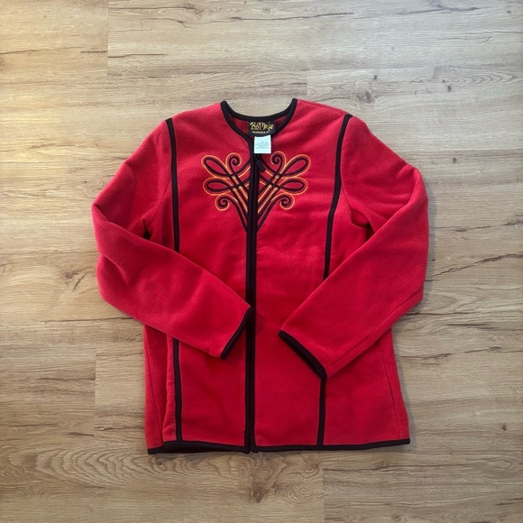 Vintage Bob Mackie Red Fleece Jacket – Embroidered Front, Contrast Trim - Picture 2 of 2